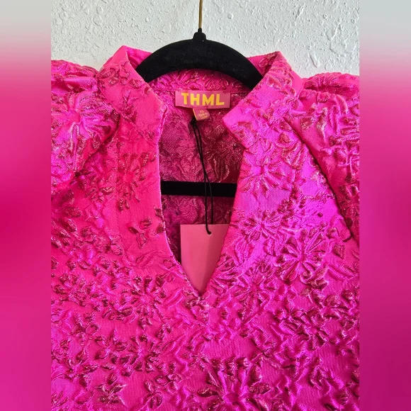 THML Pink Jacquard Allison Top Size XS NWOT Puff Sleeves - Picture 8 of 10